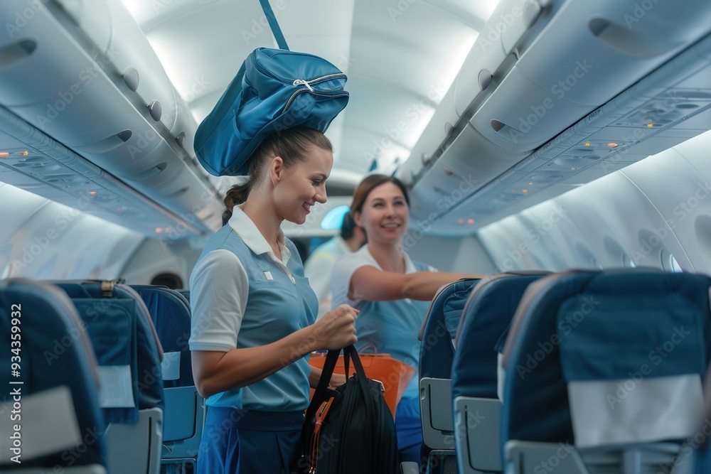 Poster two flight attendants are helping passengers with their luggage and providing services inside the ai