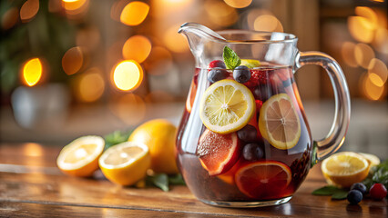 a pitcher of red sangria filled with sliced citrus fruits and berries