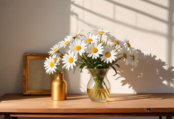 Daisy flowers bouquet in orange vase on white wooden coffee table near turquoise wall backgroun. Daisy flowers bouquet in orange vase on white wooden coffee table near turquoise wall backgroun.
