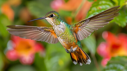 Fototapeta premium Amazon Buff-winged Starfrontlet hummingbird in mid-flight, its wings and body creating a dynamic scene