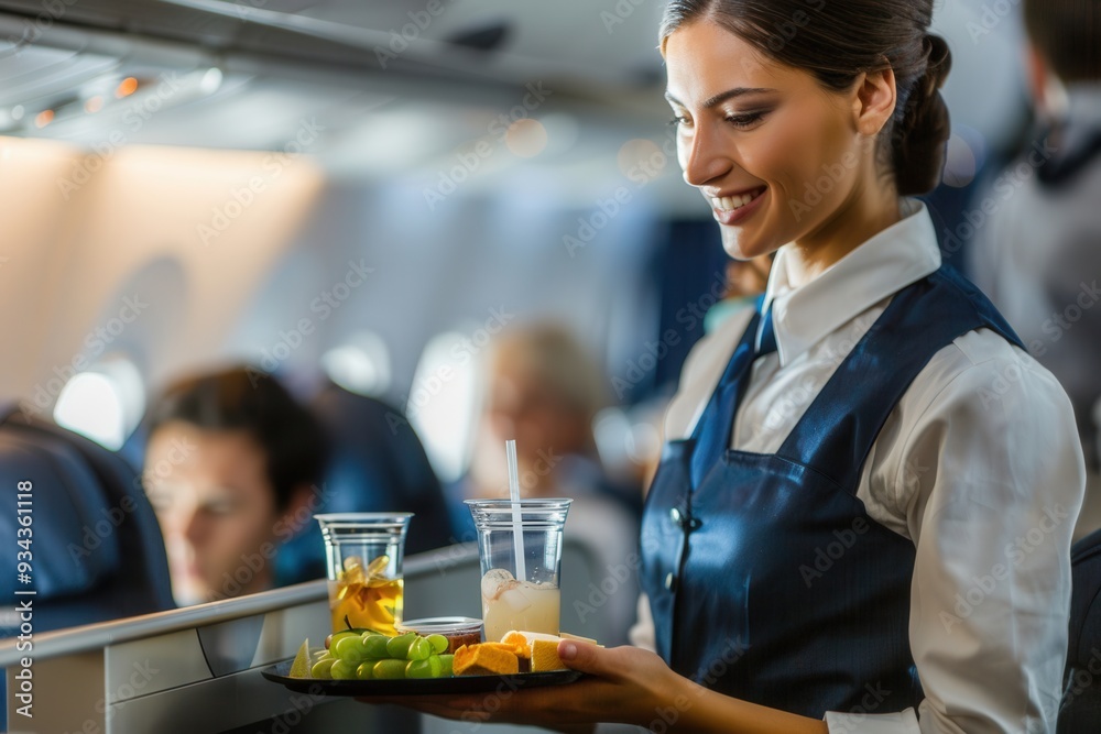 Poster The flight attendant smiles while serving drinks and snacks to passengers in a well-lit cabin on an afternoon flight. Generative AI