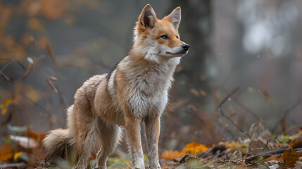 Fototapeta premium Amazon Bush Dog standing alert in the forest, its compact body and attentive ears