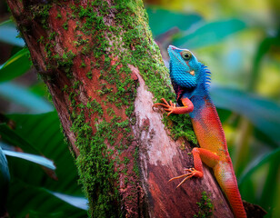 Lagartija de colores parada en un árbol entre la vegetación.