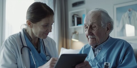 Healthcare professional showing a tablet screen to an elderly individual at home or in a care setting.