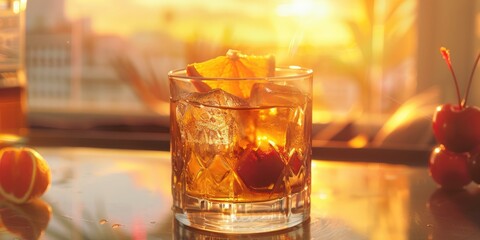 Classic Old Fashioned Cocktail with Orange Peel and Cherry Garnish