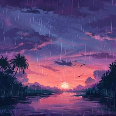 A Tranquil Sunset Over A Serene River With Palm Trees And Rain Falling From The Sky
