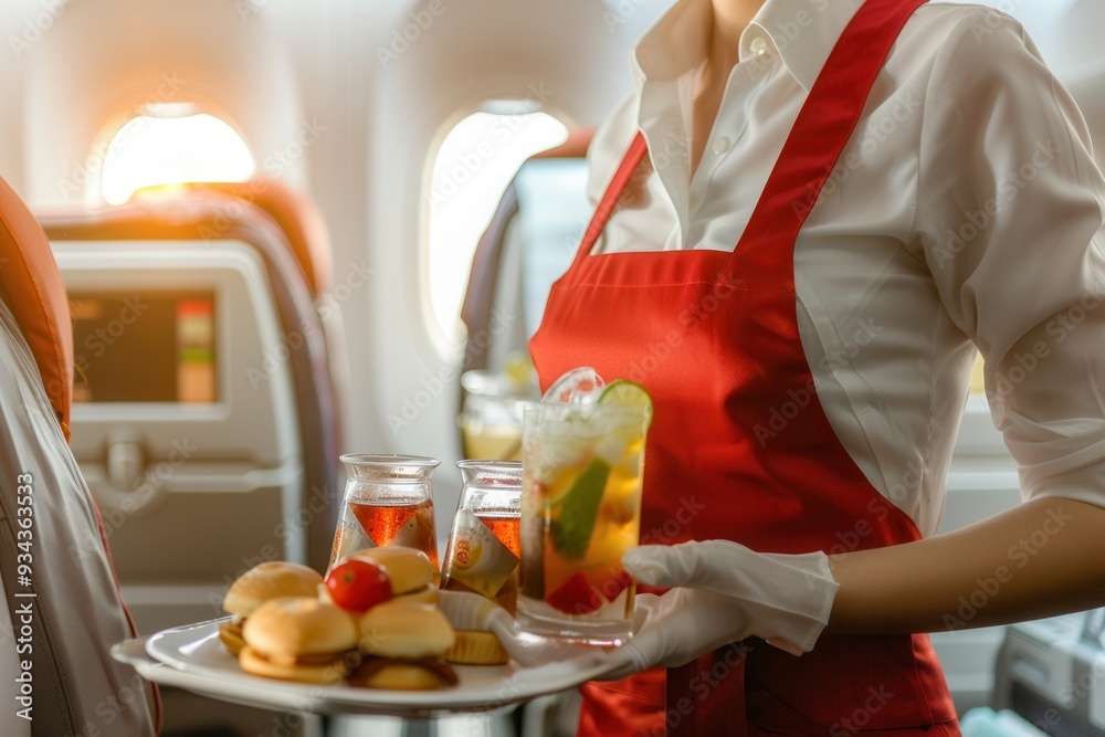 Poster A flight attendant in a red apron serves sandwiches and beverages to passengers while they enjoy their journey. Generative AI