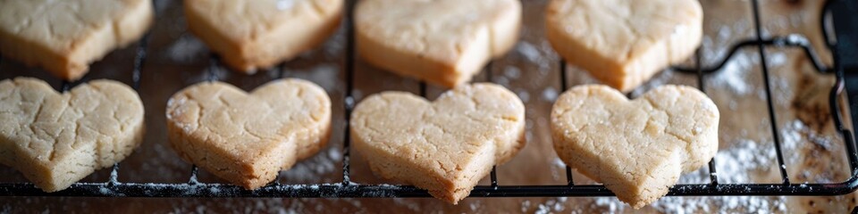 Homemade heart-shaped shortbread cookies just baked.