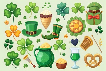 a set of objects standing alone on a white background for St. Patrick's Day