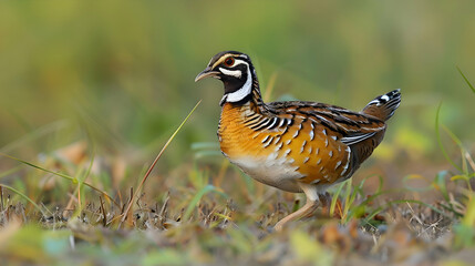 Fototapeta premium Amazon Button Quail walking through the tall grass, its distinctive plumage and long legs