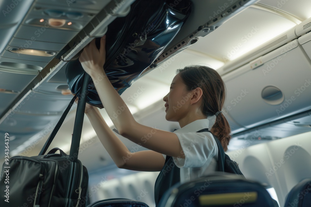 Poster a flight attendant assists a passenger in placing a bag into the overhead compartment while preparin