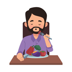 bearded man eating vegan food