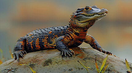 Fototapeta premium Amazon Caiman Lizard basking on a rock, its scales and body texture
