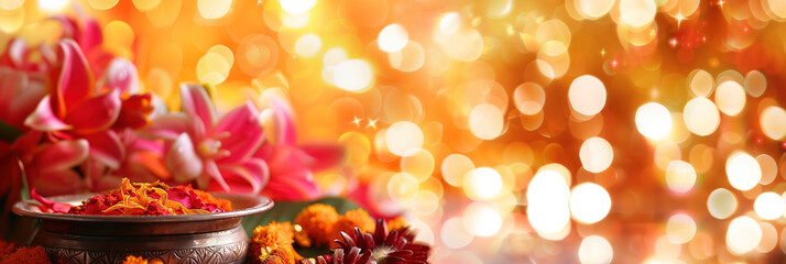 Indian spices in bowl with flower petals, marigolds, pink lotus blossoms on blurred orange background with bokeh. Banner, copy space, festive atmosphere. Celebration of Gudi Padwa Indian new year