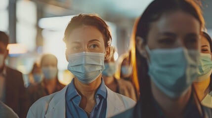 A varied team of professionals undergoes temperature checks and dons face masks as they arrive at the workplace to ensure safety during the pandemic.