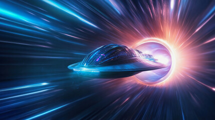 illustration of a spaceship coming out of a time tunnel