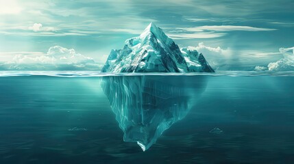 A massive iceberg floats in the ocean, with its tip breaking the surface and the majority submerged. The sky above is filled with wispy clouds, hinting at a cold and pristine environment.