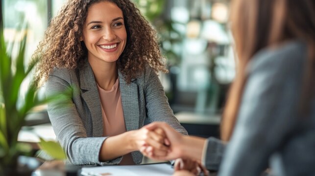 Close-up shot of a real estate agent or realtor meeting with her client, giving new house to her customer.	