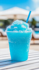 blue slush ice in front of a pool scenery