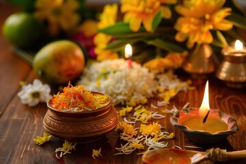 Traditional Putandu celebration items arranged on wooden surface. Carved pot with flower petals, rice, fruits, lit diya lamps, gerbera flowers. Festive Indian New Year decorations