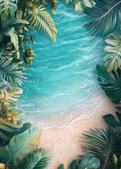 Tropical beach with clear blue water and lush greenery on a sunny day
