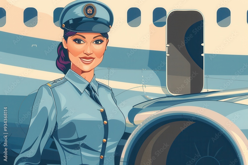 Poster a flight attendant poses next to an airplane on the tarmac, smiling as she prepares for boarding and