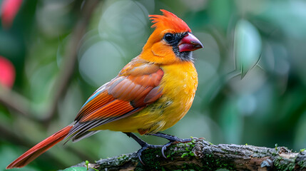 Amazon Cardinal perched on a branch, its vibrant colors standing out against the green