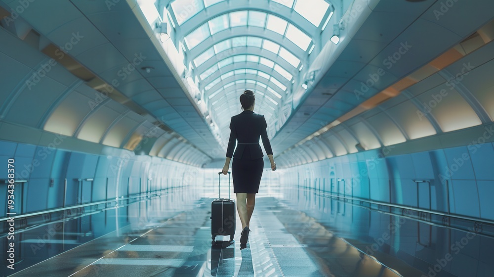 Poster a flight attendant walks confidently through a modern airport terminal, pulling a suitcase behind he