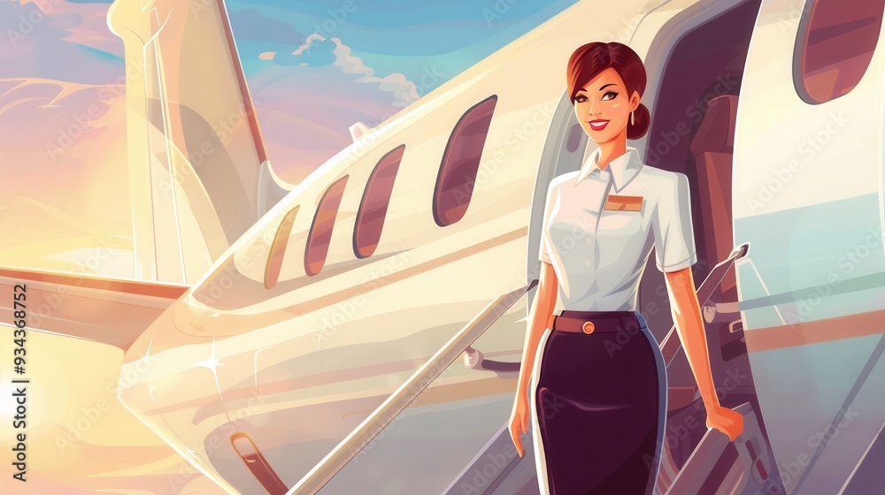 Poster A stewardess stands at the steps of a private jet, smiling and ready to welcome passengers as the sun sets in the background. Generative AI