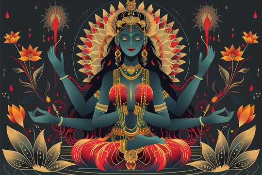 Six armed blue skinned Kali form of goddess Parvati meditates in lotus position at Yogini Ekadashi. Fierce deity emanates powerful energy during tranquil meditation. Transformation and divine power