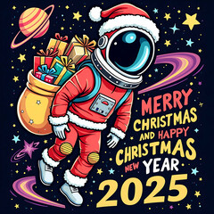 Merry Chrismas and Happy New Year 2025 astronaut delivering shipping gifts.
