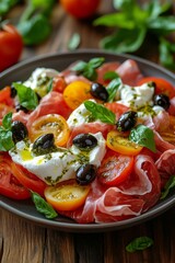 Fresh caprese salad with mozzarella, tomatoes, olives, and basil on a dark wooden table