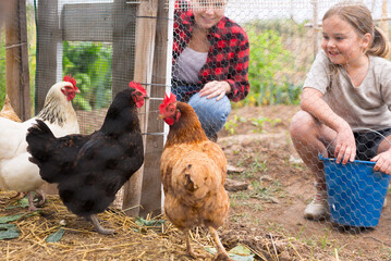 Mom and her daughter feed chickens in chicken coop in the backyard of country house