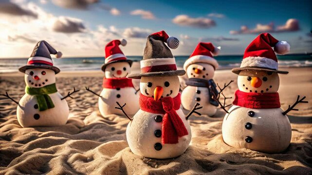 Five sand snowmen wearing Christmas hats on a beach, blending festive Christmas elements with a warm, sunny setting. Perfect for holiday cards, Christmas in warm climates, and beach-themed illustratio