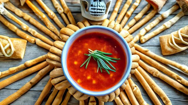 Halloween-themed soup surrounded by breadsticks shaped like bones, with a skull centerpiece, creating a spooky and creative culinary display. Ideal for Halloween parties, themed dinners, and festive f