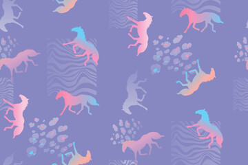 Abstract seamless horses pattern. Wild horse silhouette print with leopard skin, zebra lines ornament. Animal ornament for fashion textile, girl clothes, wrapping paper.