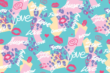 Abstract seamless geometry pattern with leopard spots, kiss trace, text Love, love you, cool. heart ornament. Romantic wrapping paper. Valentine's day pattern. Trendy girlish print for clothes.