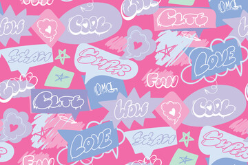 Seamless lettering pattern street art style words Wow, Super, Cute, fun, yeah. Comics words ornament. pink background. Speech cloud, star, heart. repeat print for fashion, girl clothes, wrapping paper