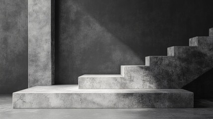 A gray staircase is shown in a black background