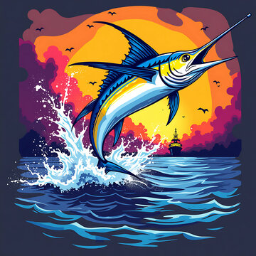 swordfish, tuna, marlin, vintage illustration in the twilight sea