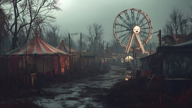 Sinister clown in an abandoned carnival with a dilapidated ferris wheel at dusk