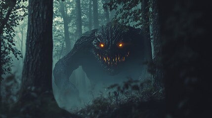 Enormous glowing-eyed creature lurking in a misty forest at night with a terrifying presence