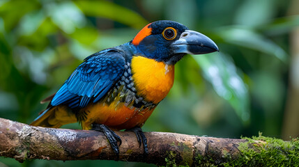 Obraz premium Amazon Chestnut-eared Aracari perched on a branch, its vibrant colors standing out against the green