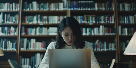 Female student engaged with a laptop for online assignments and her graduation project in a university library.