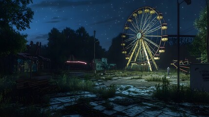 Abandoned amusement park at night with an eerie ferris wheel and a ghostly figure