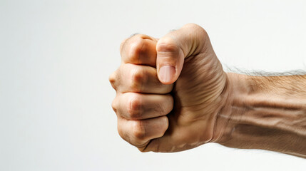 man's arm with a fist raised with a white background