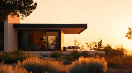 A minimalistic modern house captured in a golden-hour glow  AI generated illustration