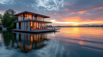 A modern house floating on a serene lake at sunset  AI generated illustration