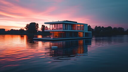 A modern house floating on a serene lake at sunset  AI generated illustration