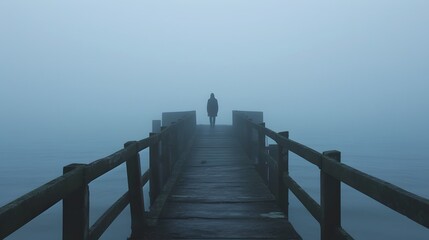 Obraz premium A mysterious figure standing at the end of a foggy pier gazing out to sea AI generated illustration